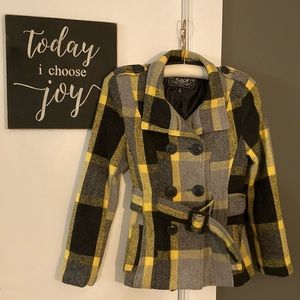 Last Kiss black, gray, & yellow pea coat w/ belt women’s size medium